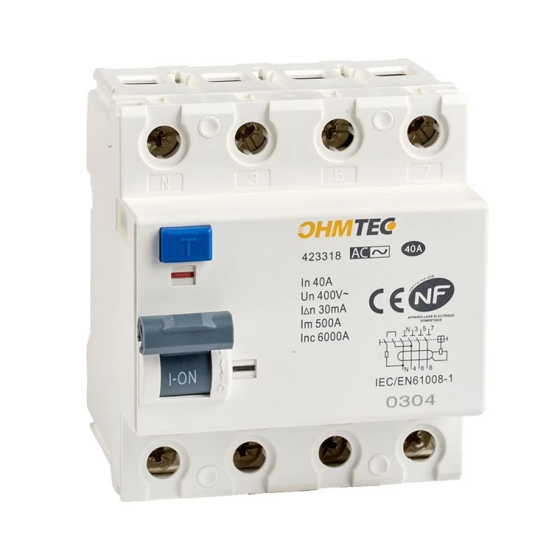 Interrupteurs Différentiels Tétrapolaires 40A 30mA Type AC NF OHMTEC 1 Interrupteurs Différentiels Tétrapolaires 40A 30mA Type AC NF OHMTEC