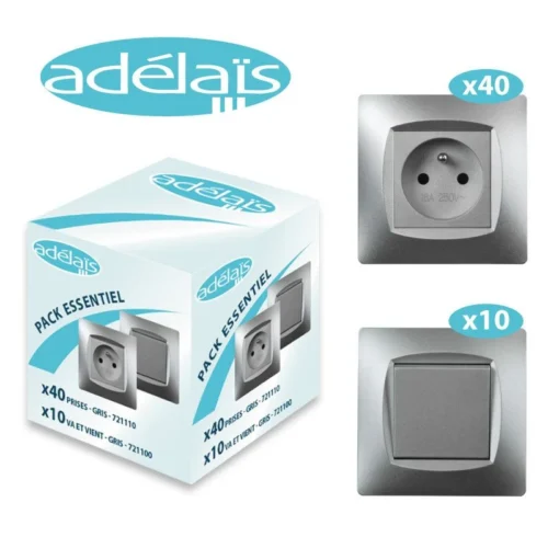 Pack Essentiel Gris 40 Prises + 10 Interrupteurs Va-et-vient + 50 Plaques