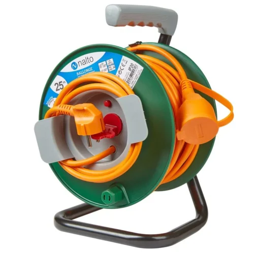 Enrouleur Jardin 25m Câble Orange 3G 1,5mm2 Avec Disjoncteur Thermique Avec Clapet Protection NALTO